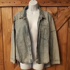 Studded Denim High Low Shirt, Size Large